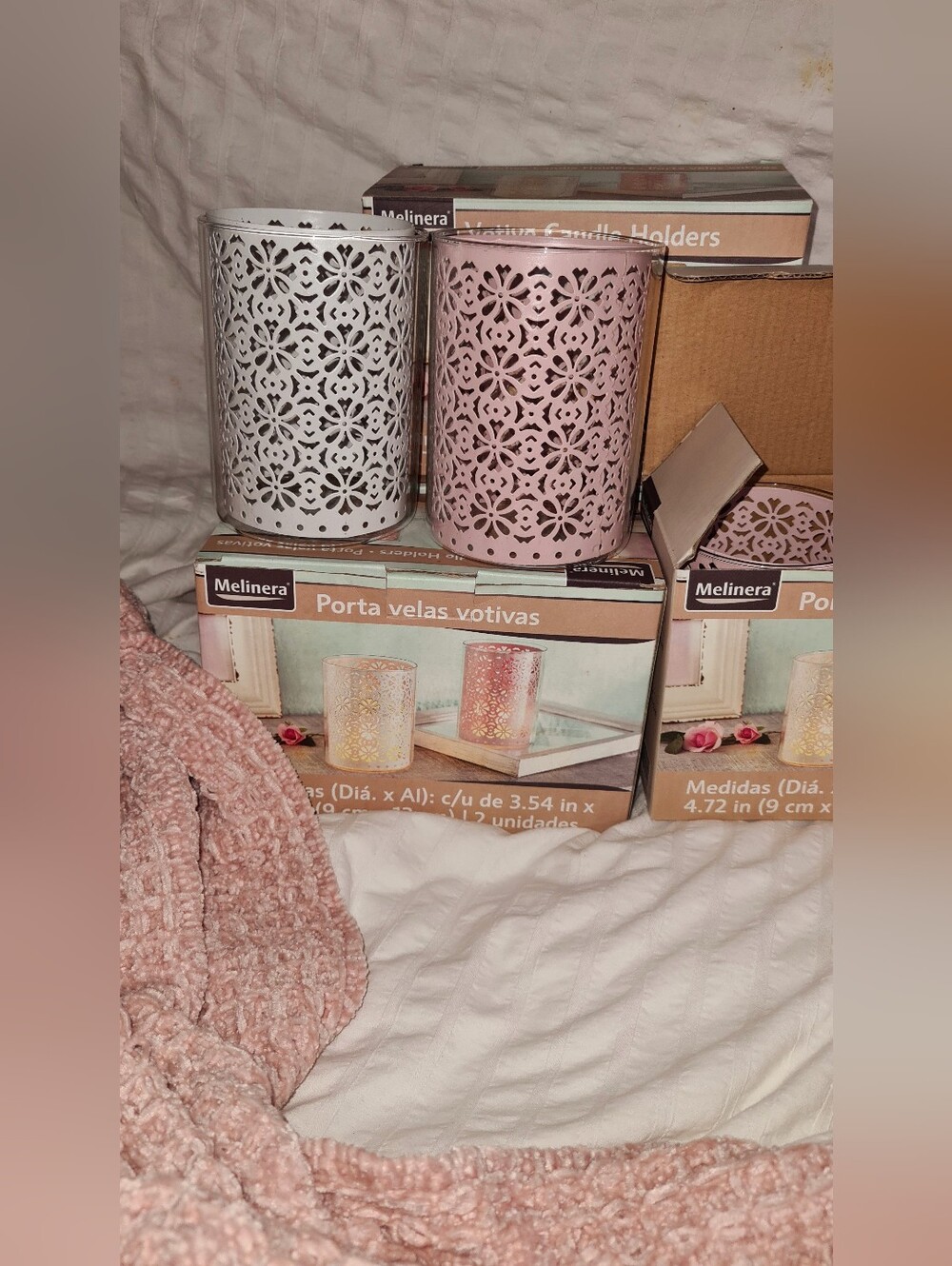 New 4 boxes of 2 Floral Cutout Votive Candle Holders in White and Pink (8 total)
